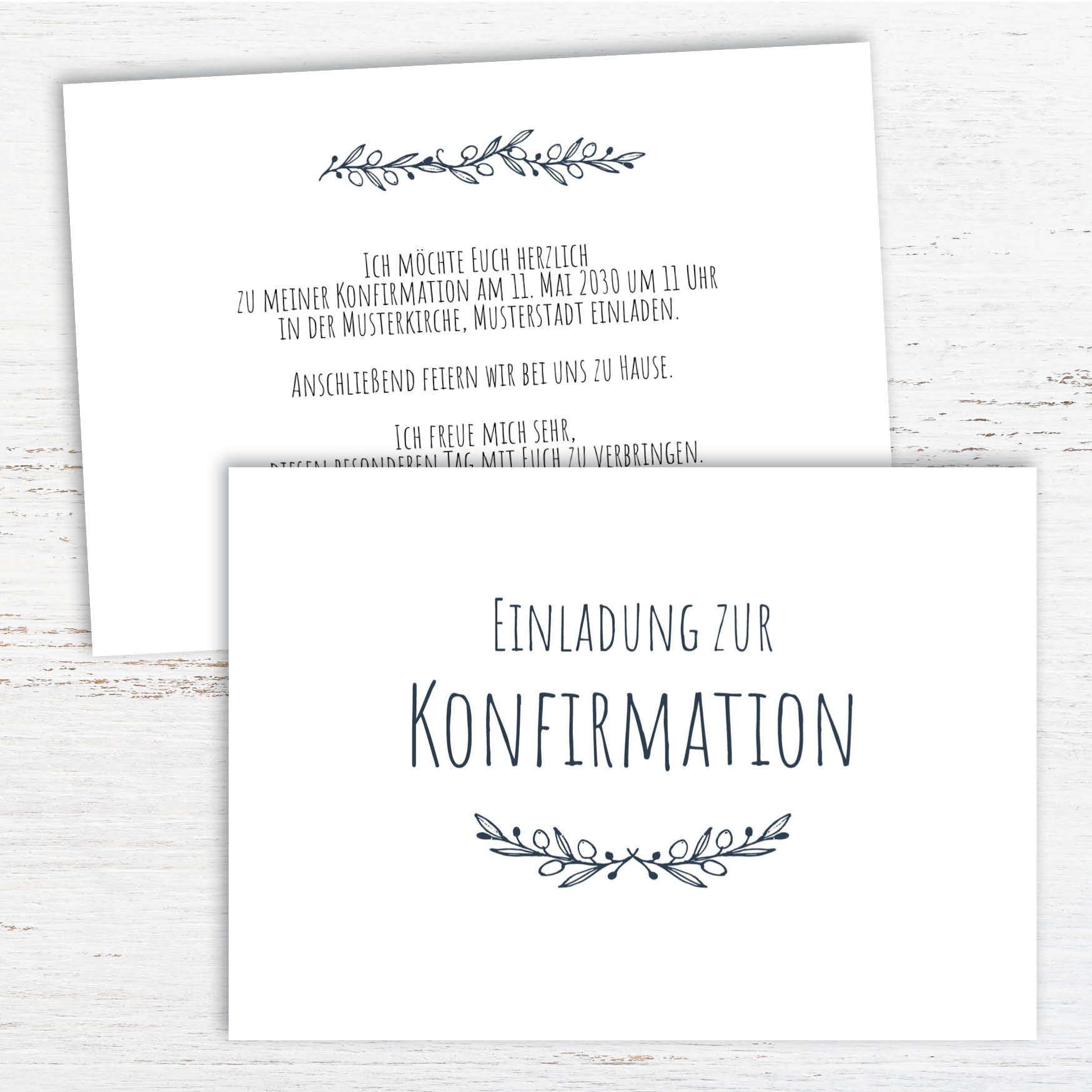 Einladung Konfirmation – Elegante Einladungskarte Postkarte Olivenzweig weiß